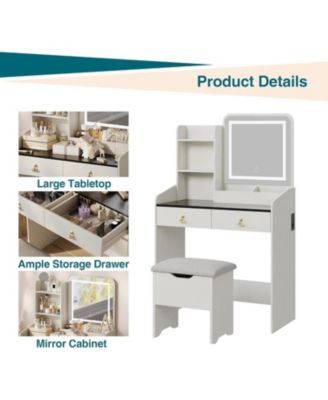 Vanity Desk Mirror Lights and Charging Station Modern Vanity Set for Bedrooms, Apartments, Easy to Assemble