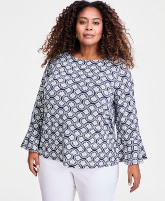 Plus Size Winding Leaves Flare Sleeve Boat Neck Top