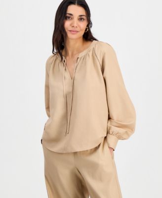 Petite Split-Neck Blouson-Sleeve Blouse