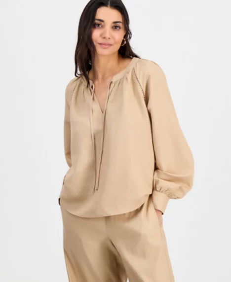Petite Split-Neck Blouson-Sleeve Blouse - Honey Oat