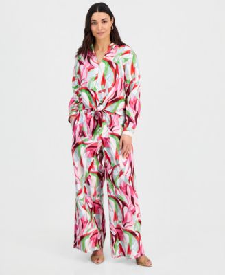 Petite Printed Long-Sleeve Tie-Front Blouse