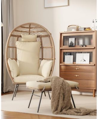 Patio Egg Chair Outdoor with Ottoman - Wicker Egg Chair Oversized Patio Lounge Chairs with Cushions, Metal Frame Stand, for Balcony, Patio