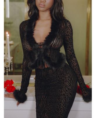 Women's Hali Black Animal Print Burnout Velvet Fur Trim Top