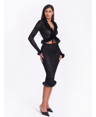 Women's Halia Black Animal Print Burnout Velvet Fur Trim Skirt