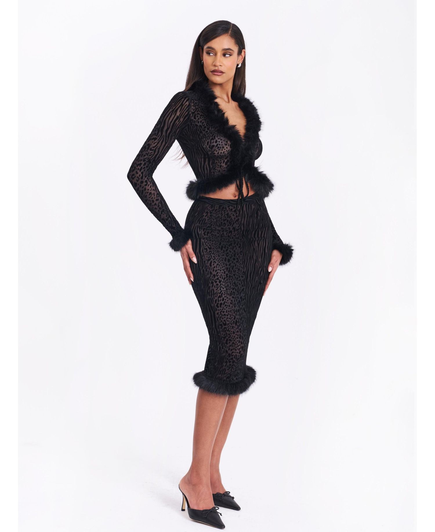 Women's Halia Black Animal Print Burnout Velvet Faux Fur Trim Skirt