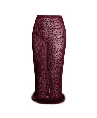 Women's Halia Burgundy Animal Print Burnout Velvet Fur Trim Skirt