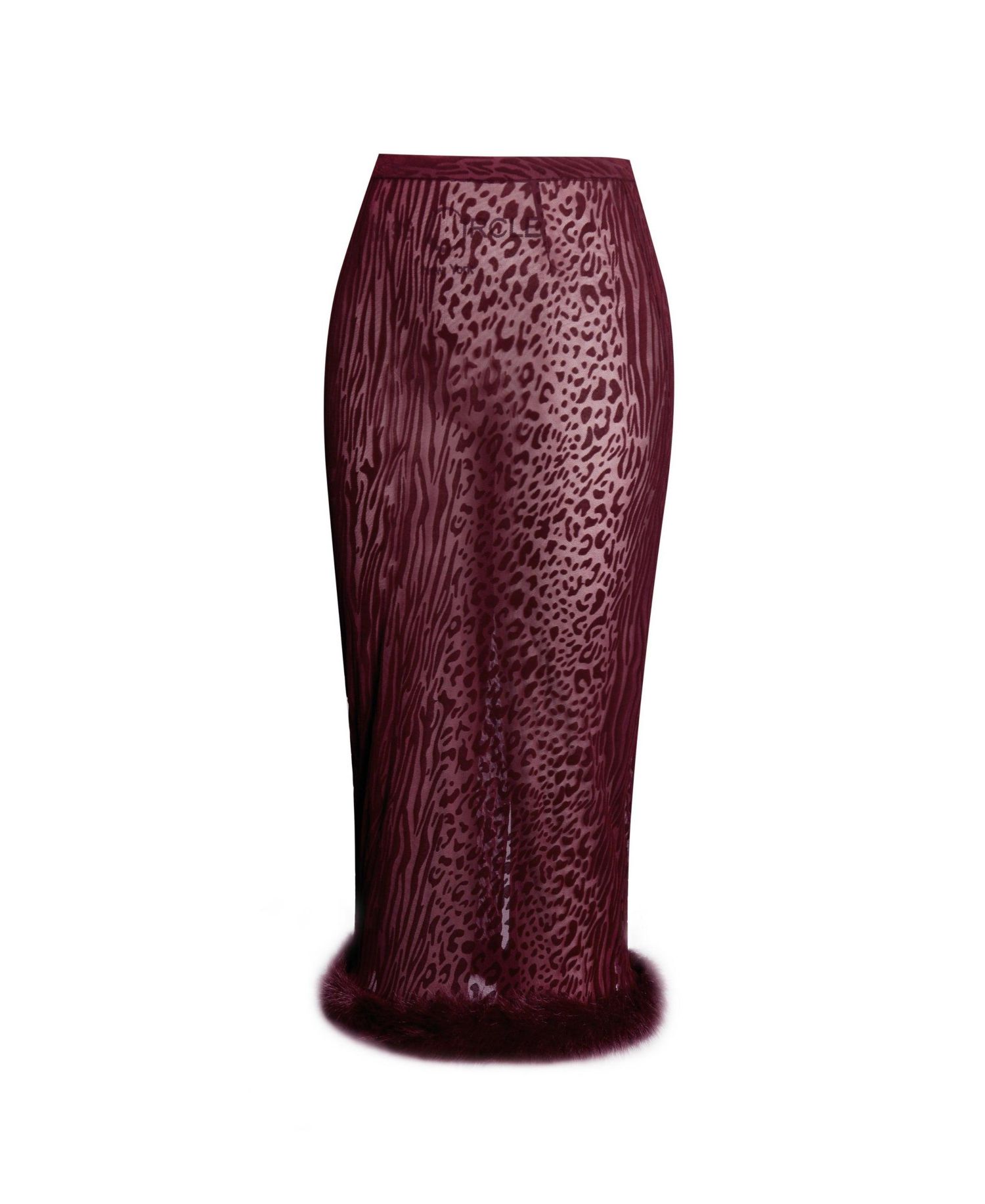 Women's Halia Burgundy Animal Print Burnout Velvet Faux Fur Trim Skirt