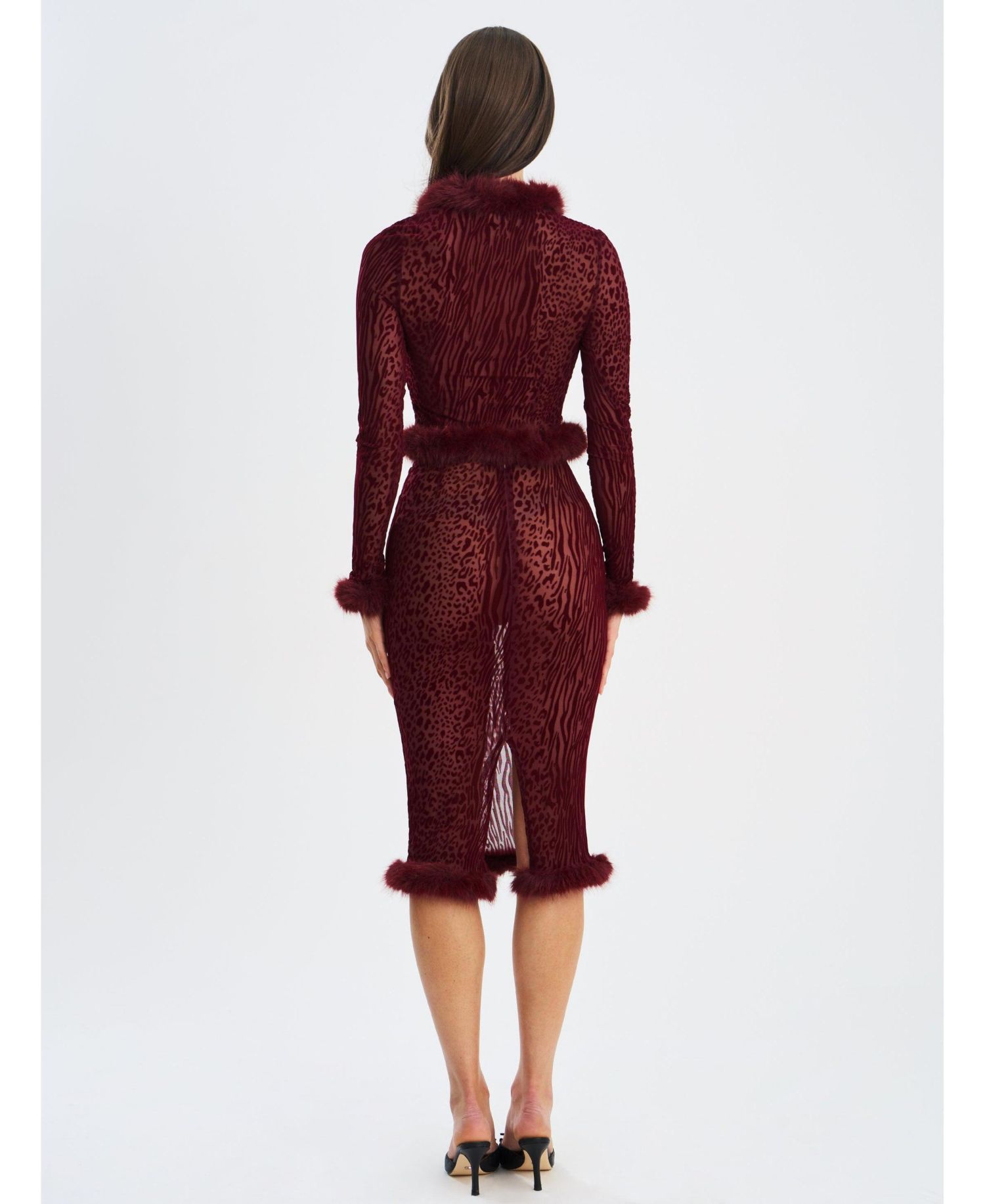 Women's Hali Burgundy Animal Print Burnout Velvet Fur Trim Top