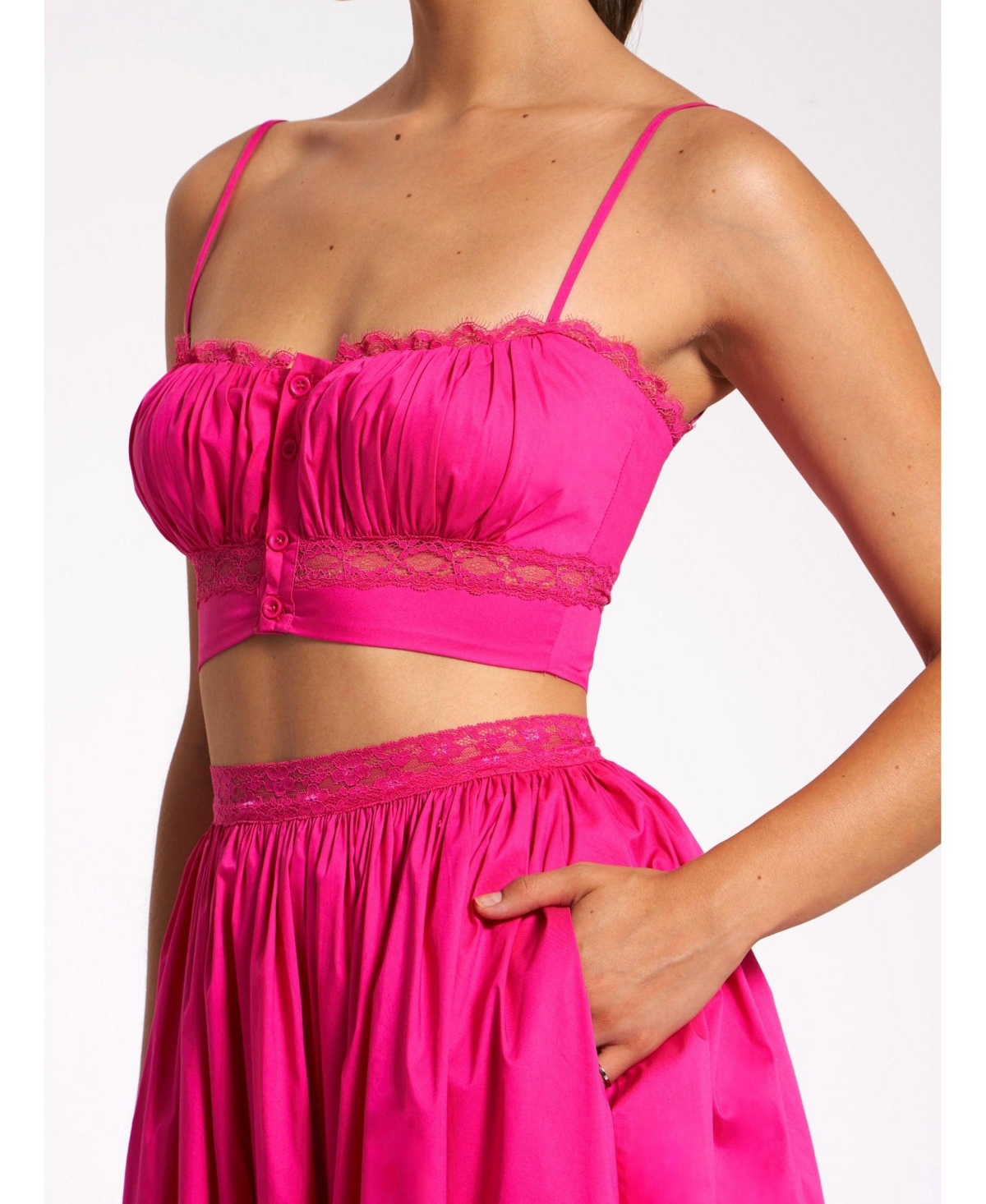 Miss Circle Women's Maya Fuchsia Cotton Poplin Top With Lace Trim