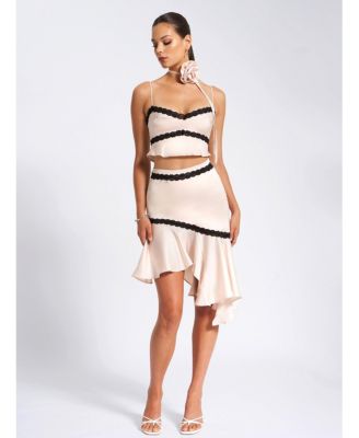 Women's Yahvi Beige Lace Trim Satin Skirt