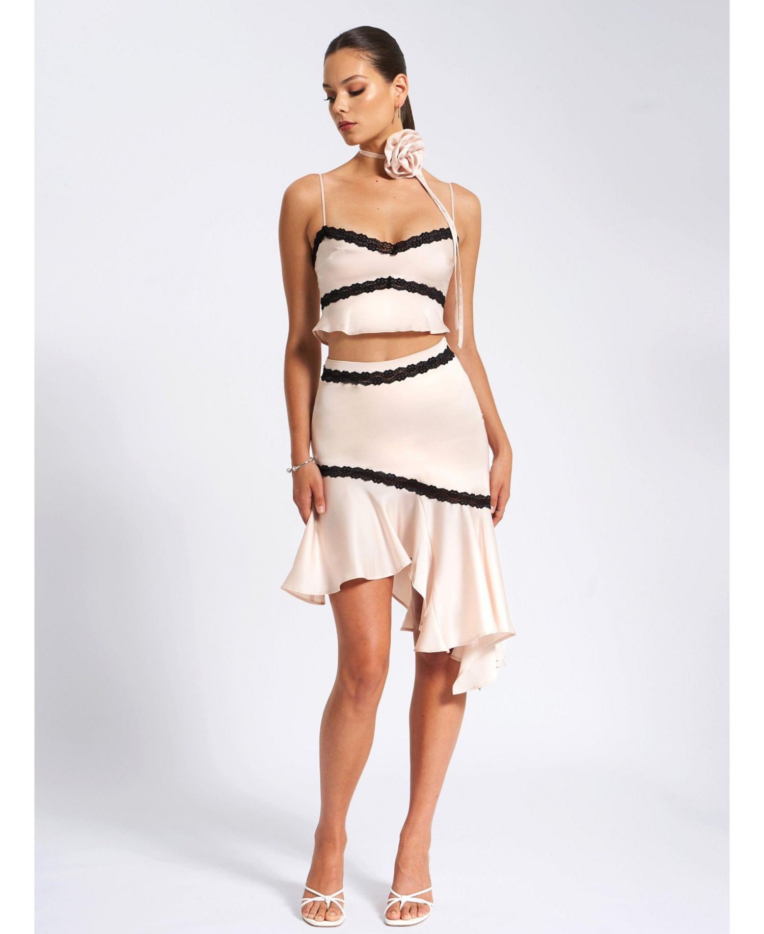 Women's Yahvi Beige Lace Trim Satin Skirt