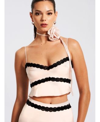 Women's Yareli Beige Lace Trim Satin Strappy Top