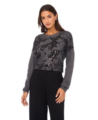 Women's Crewneck Embellished Sequin Floral Long-Sleeve Sweater