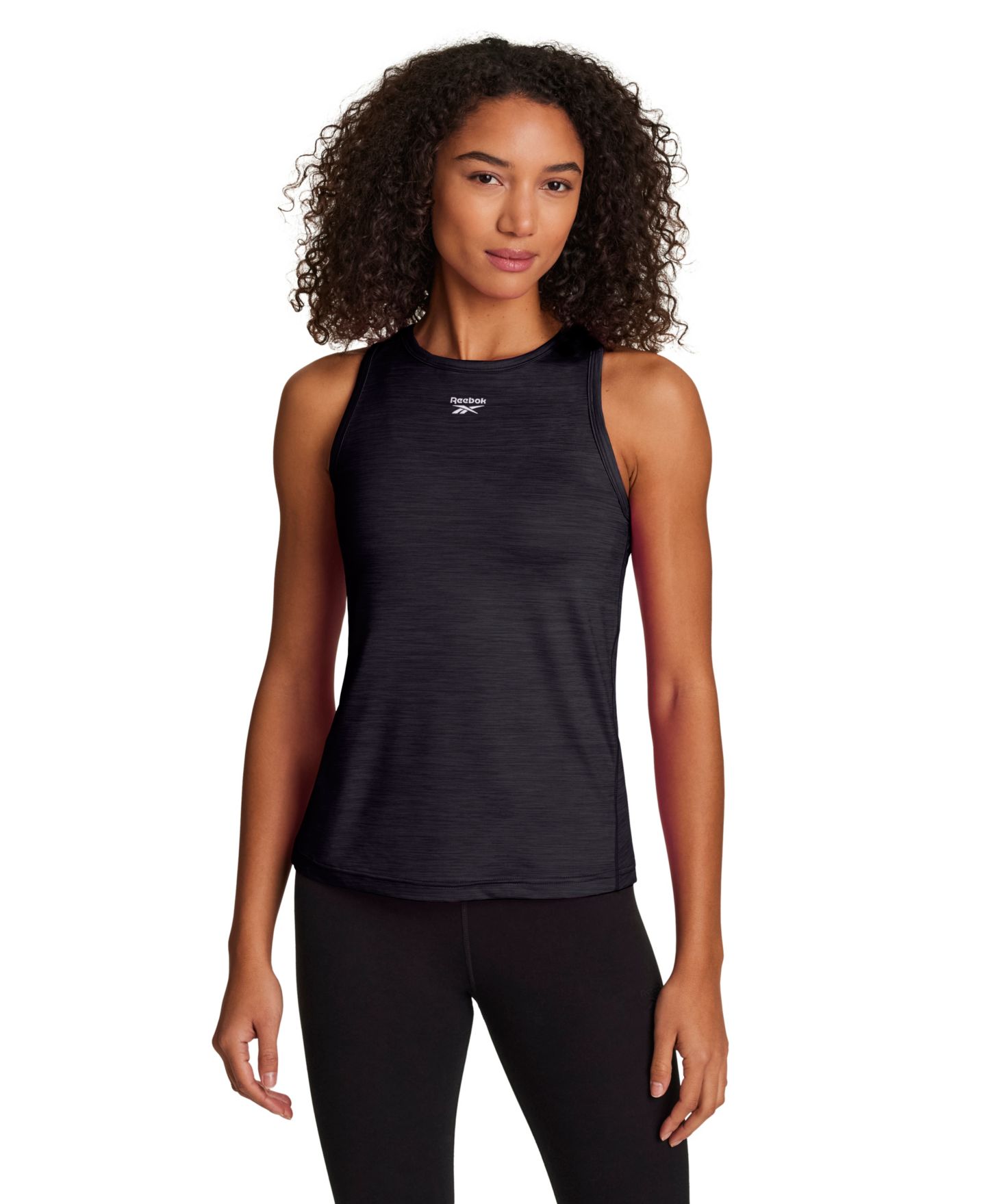 Женский топ Reebok Marled Crewneck Performance Tank Top, цвет: Чёрный меланжевый тёмный — фото 1