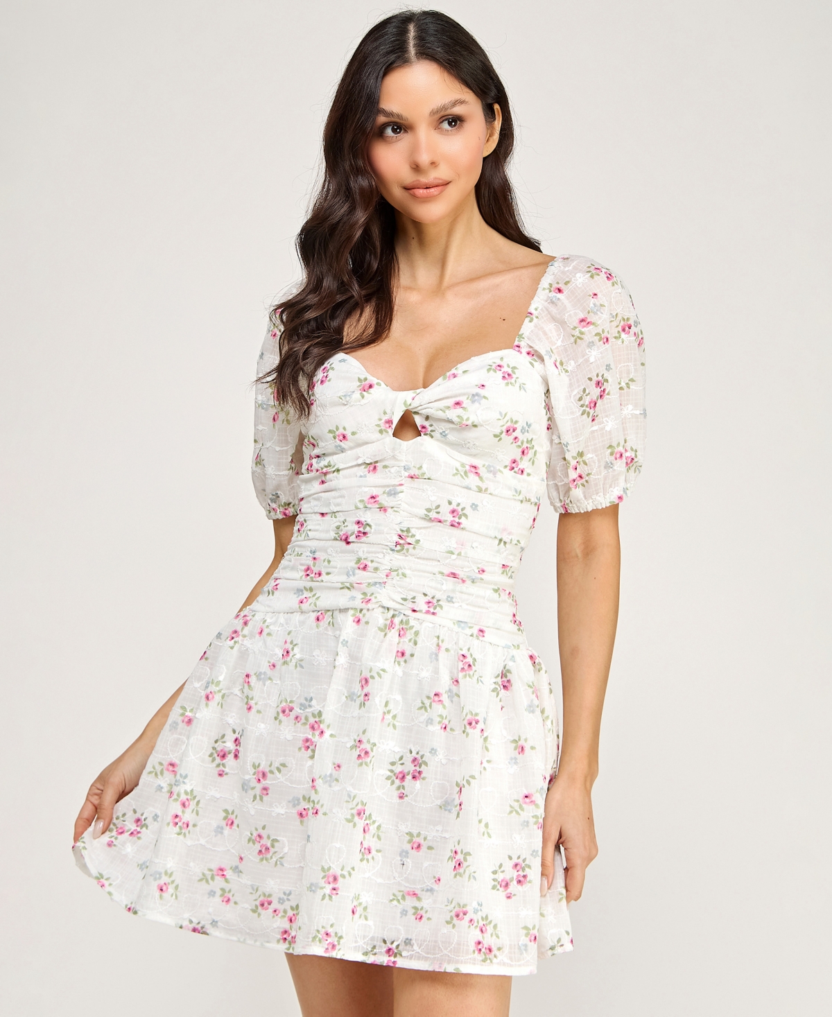 City Studios Juniors' Embroidered Floral Puff-Sleeve Cutout Dress