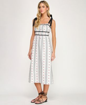 Juniors' Embroidered Floral Stripe With Tie Shoulders Dress