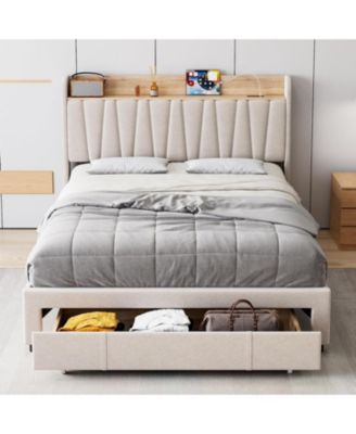  Upholstered Platform Bed Frame with Storage Drawers and Charging Station Headboard, No Box Spring Needed, Easy Assembly