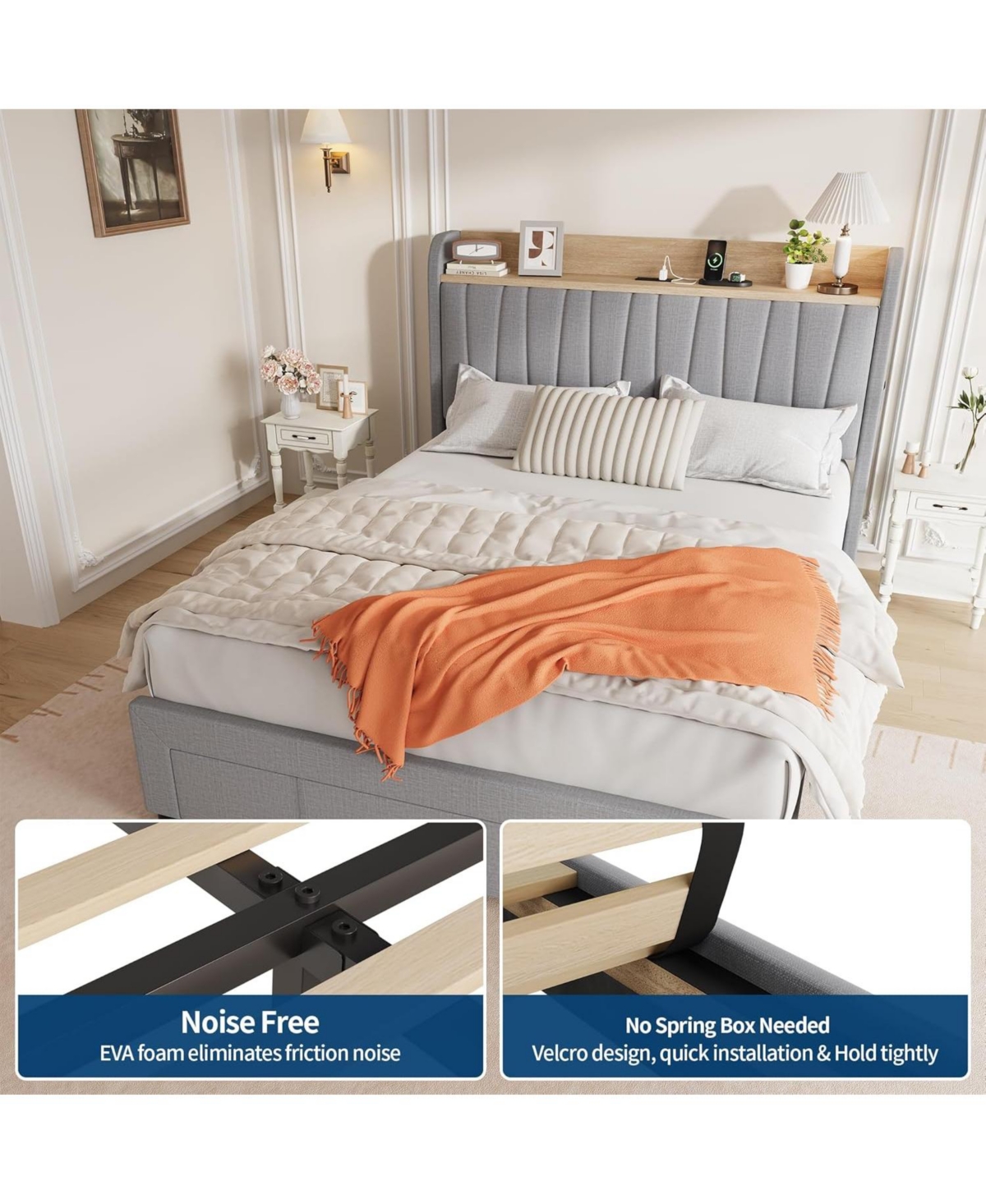 gaomon Upholstered Platform Bed Frame with Storage Drawers and Charging Station Headboard, No Box Spring Needed