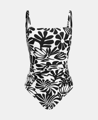 Women's Square Neck Ruched Pull-On Adjustable Strap One-Piece Swimsuit