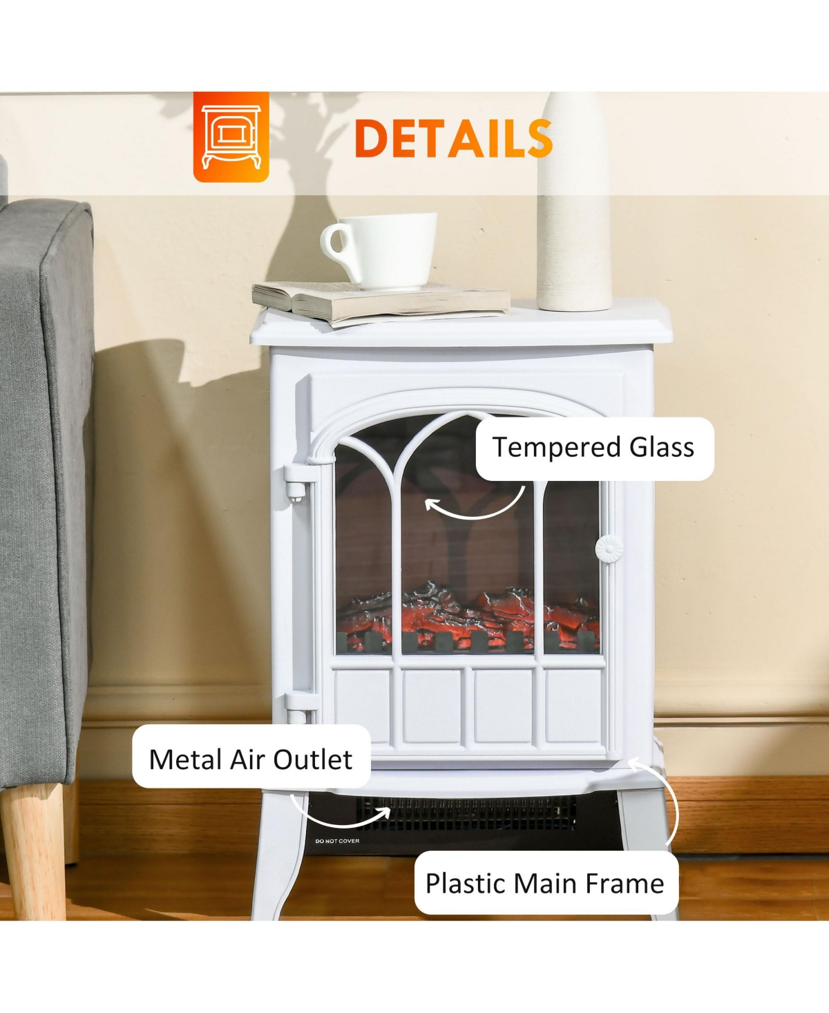 Homcom Electric Fireplace Stove, Freestanding Fireplace Heater, 750W/1500W