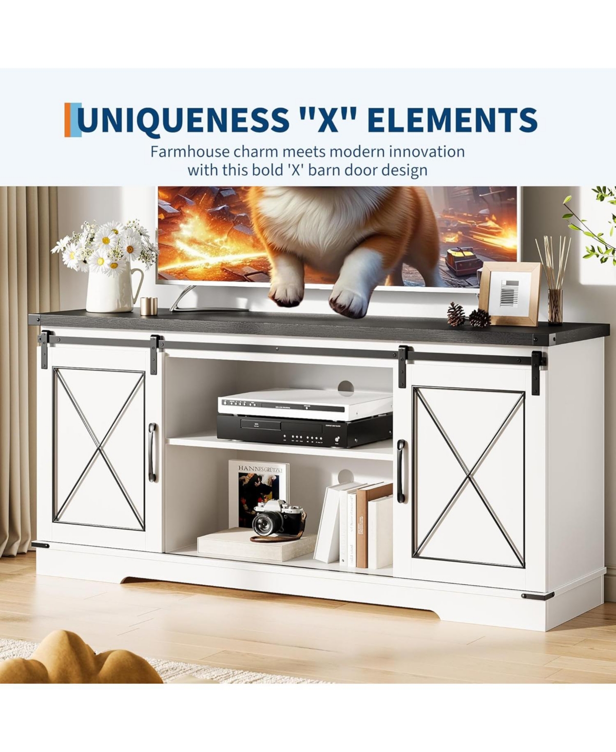 gaomon Farmhouse Tv Stand for up to 65 Inches, Entertainment Center with Sliding Barn Doors and Adjustable Shelf