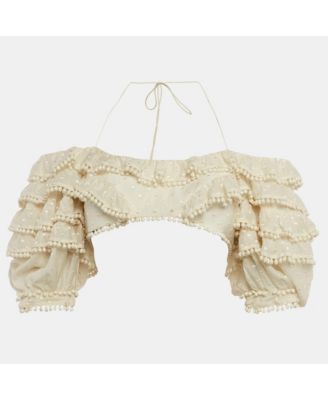 Women's Off White Cotton Blend Ruffled Off Shoulder Crop Top