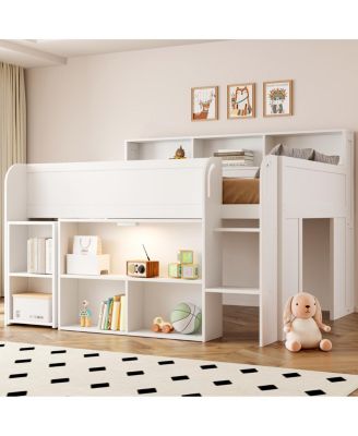  Wood Full Size Loft bed with Multiple Storage Shelves, Desk and LED