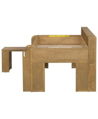  Wood Full Size Loft bed with Multiple Storage Shelves, Desk and LED