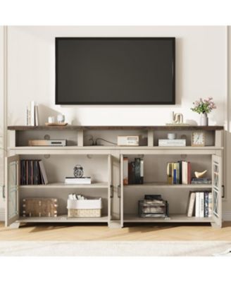 Farmhouse TV Stand for 81 Inch, Mid Century Modern Entertainment Center with LED Lights and Storage, Wooden Media Console Cabinet