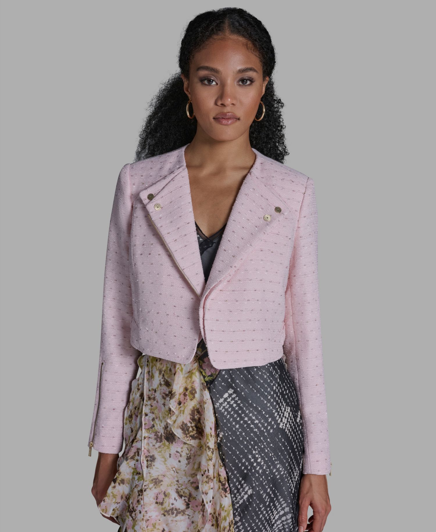 Women's Crewneck Textured Cropped Moto Jacket
