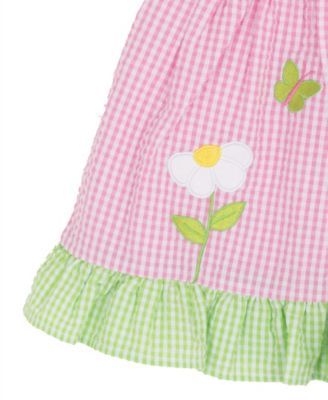 Baby Girls' Pink Seersucker Daisy Applique Round Neck Dress and Panty, 2-Piece Set