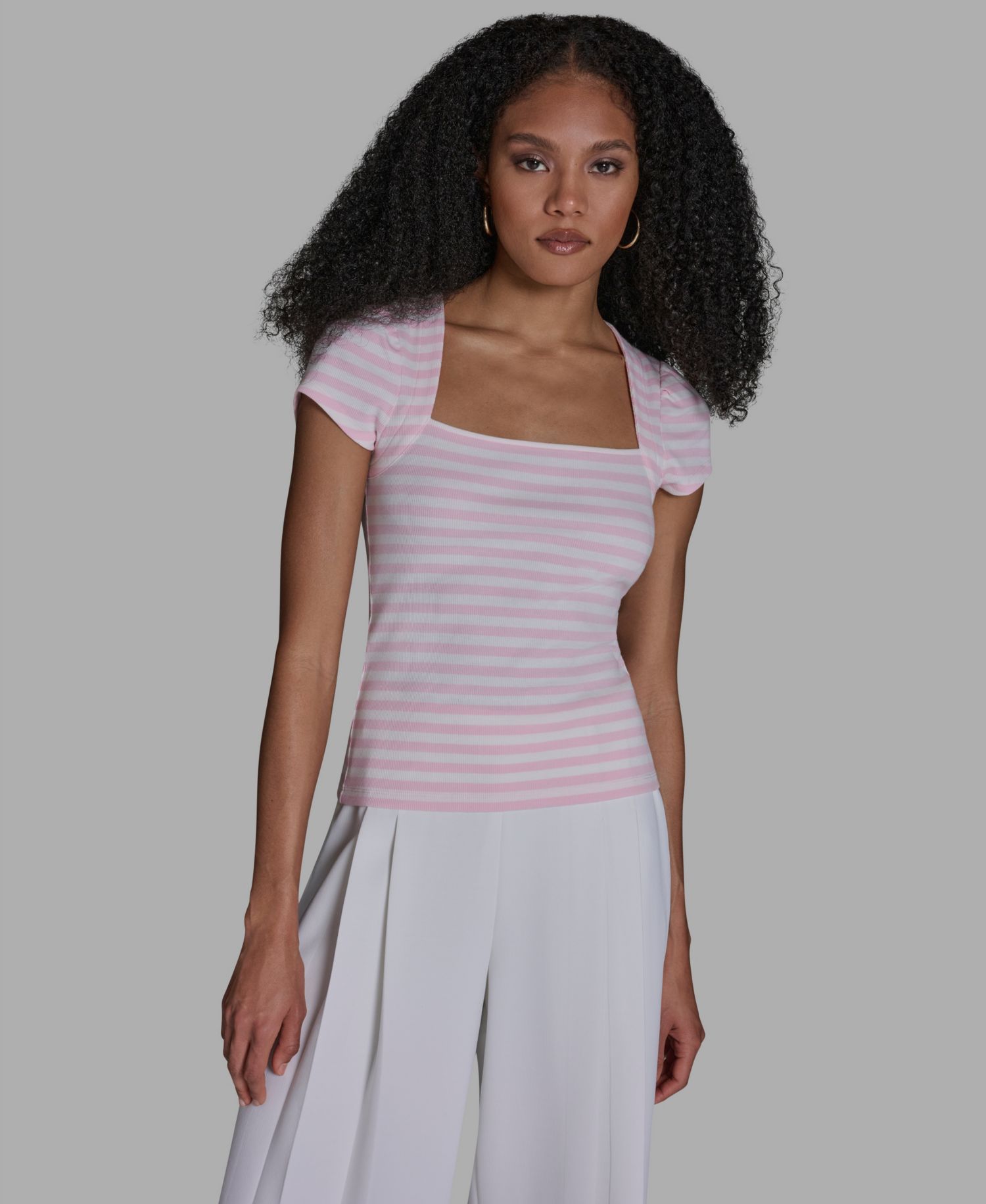 Women's Short-Sleeve Square Neck Striped Top