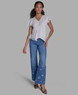 Women's Crewneck Flutter-Sleeve Asymmetrical Lace Top