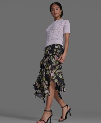 Women's Side Zipper Printed Ruffle Maxi Skirt