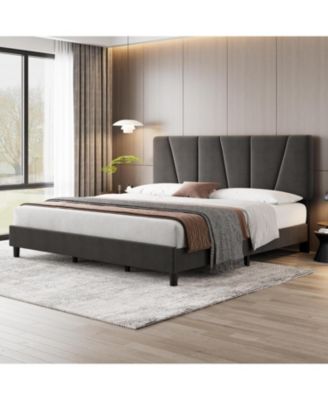 Bed Frame with Adjustable Headboard, Linen Upholstered Platform Bedframe with Strong Wooden Slats