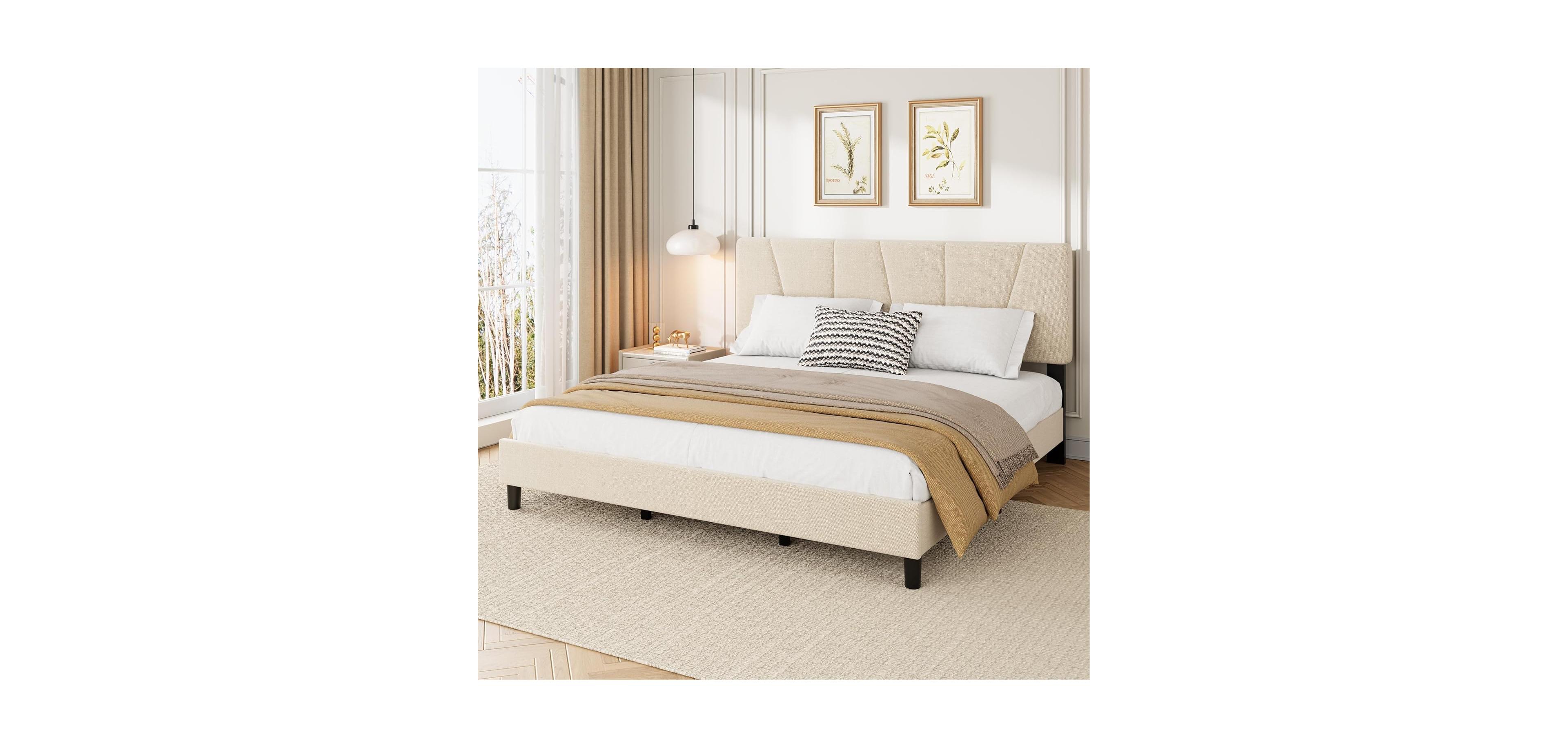 gaomon Linen Upholstered Platform Bed Frame with Adjustable Headboard, Strong Wooden Slats