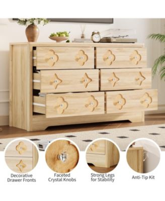 Rattan 6-Drawer Dresser for Bedroom, 47" Wide Wooden Chest with Large Storage, Beige