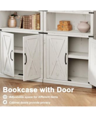 Farmhouse Bookcase with Doors, 5-Tier 70" Tall Bookshelf with Storage Cabinet for Living Room, White