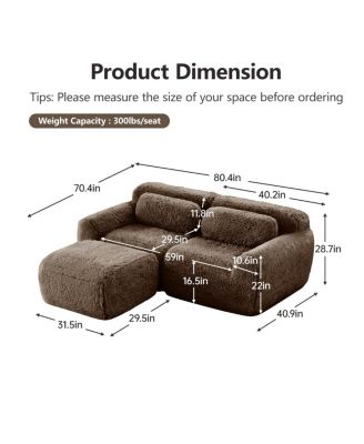  L-shaped Boneless Sofa, Soft Fluffy Plush Fabric, Chocolate