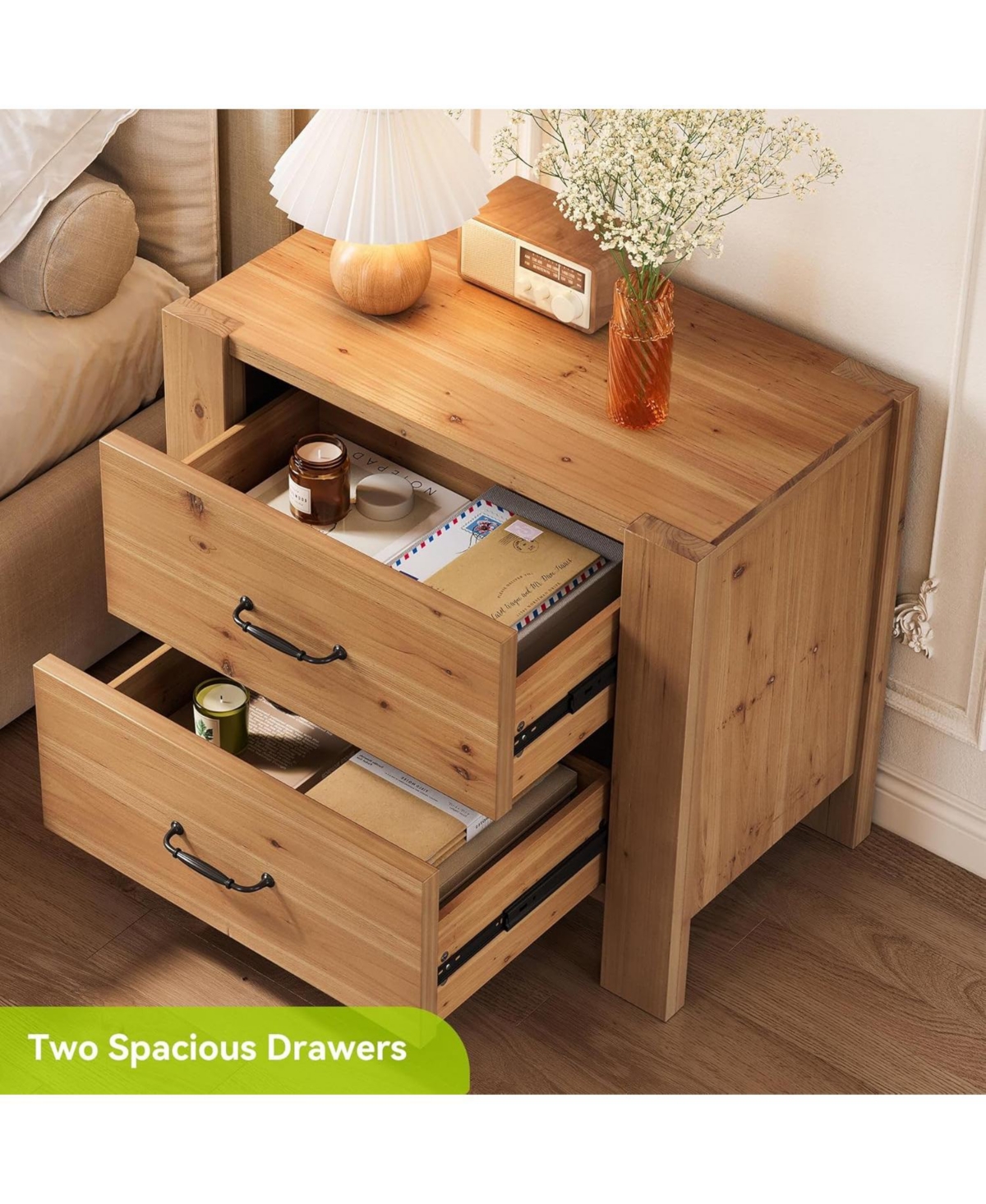 Tribesigns Solid Wood Oversized Nightstand with 2 Drawers, Bedside Table End Tables for Living Room, Large Wide Modern Night Stand with Drawers