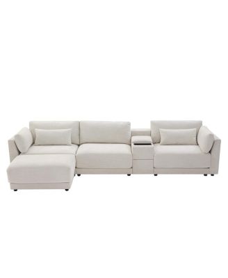 L-Shaped Sectional Sofa with Storage Console, Charger, Ottoman, Wider Cushion