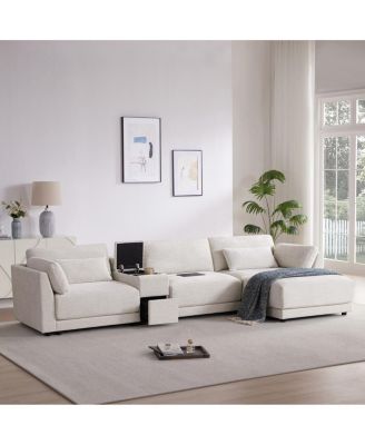L-Shaped Sectional Sofa with Storage Console, Charger, Ottoman, Wider Cushion