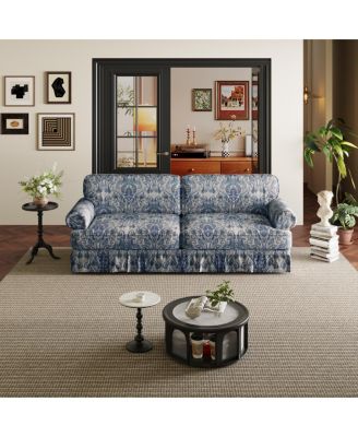 74" 3-Seater Cloud Couch, Oxford Fabric Sofa with Rolled Arms & Skirt, Blue Floral