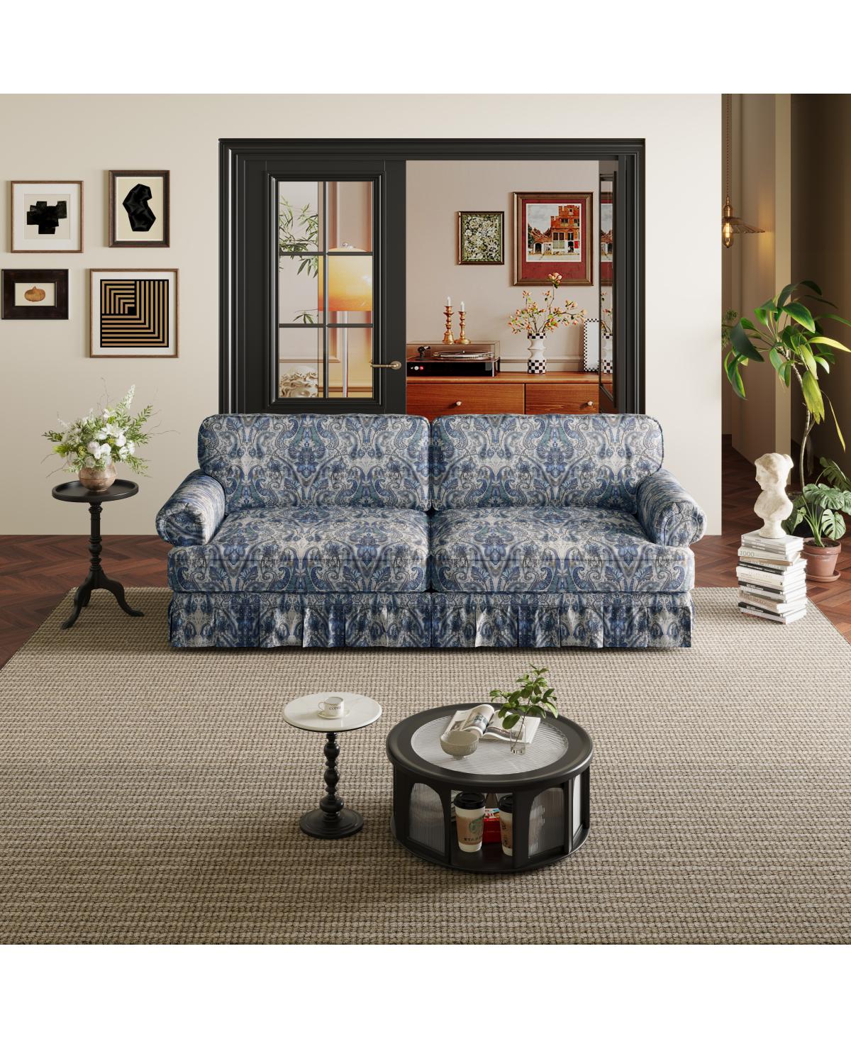 Streamdale Furniture 74" 3-Seater Cloud Couch, Oxford Fabric Sofa with Rolled Arms & Skirt, Blue Floral