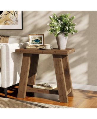 Solid Wood End Table, Small Side Table with 2-Tier Storage Shelf for Living Room, Rectangular Side Table