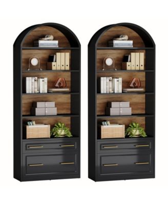 76.8" Tall Arched Bookcase Set of 2, 5-Tier Bookshelf with File Cabinet Drawer, Modern Freestanding Wooden Bookshelves, Storage Shelves
