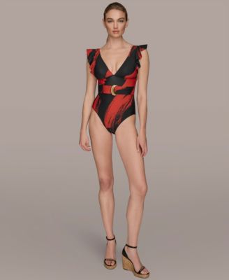 Women's Belted Flutter-Sleeve One-Piece Swimsuit