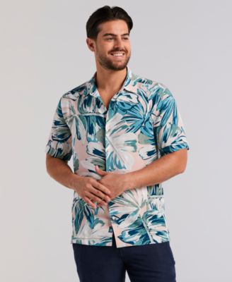 Men's Oversized Leaf Print Short-Sleeve Button-Down Shirt