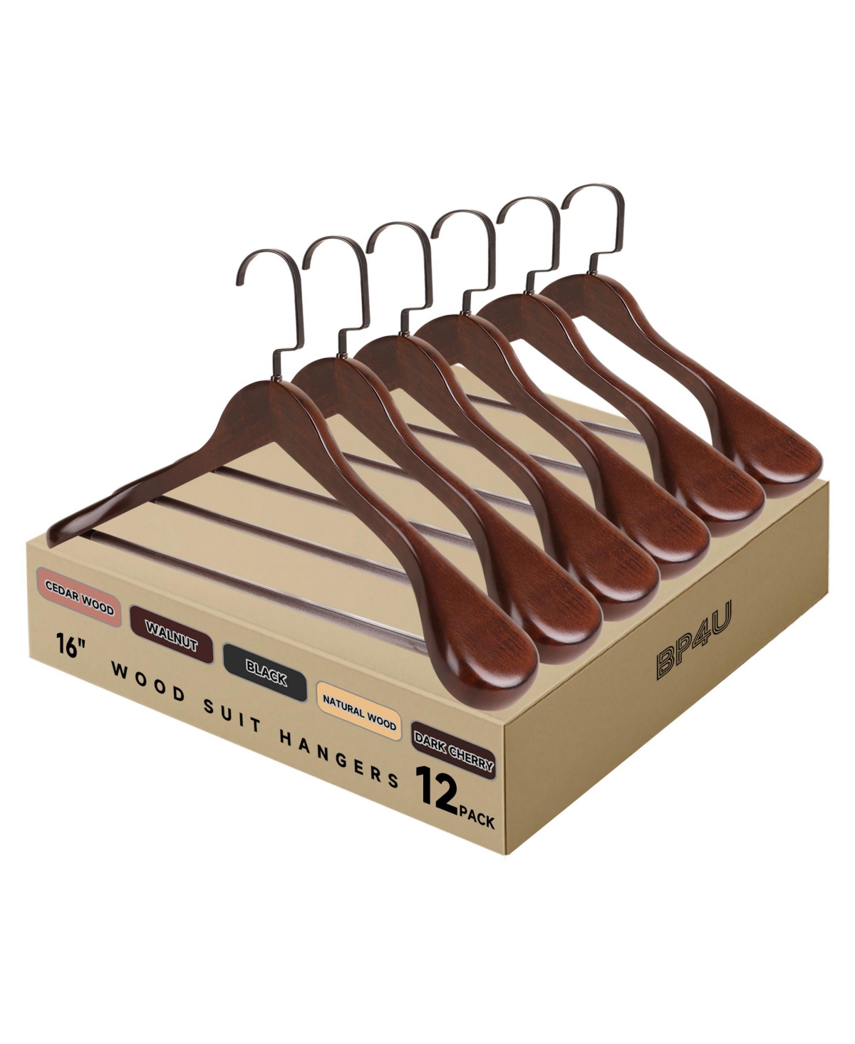 BP4U Wooden Suit Hangers with Pants Bar for Women's Clothes, 16-Inch Wide Shoulder Solid Wood Coat Hangers for Jackets, Shirts, Trousers - Walnut
