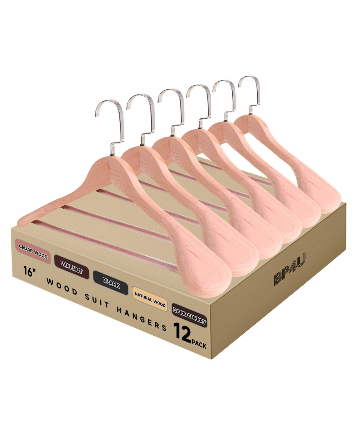 BP4U Wooden Suit Hangers with Pants Bar for Women's Clothes, 16-Inch Wide Shoulder Solid Wood Coat Hangers for Jackets, Shirts, Trousers - Cedar wood